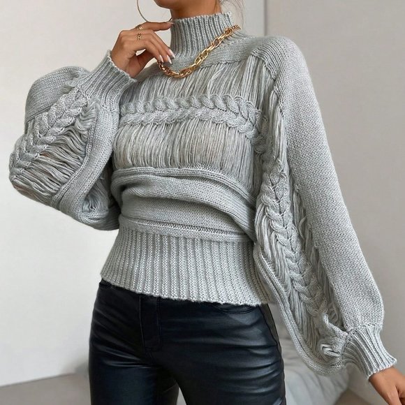 Grey Casual Womens Mock Neck Cable Knit Lantern Sleeve Ripped Sweater - Picture 2 of 7